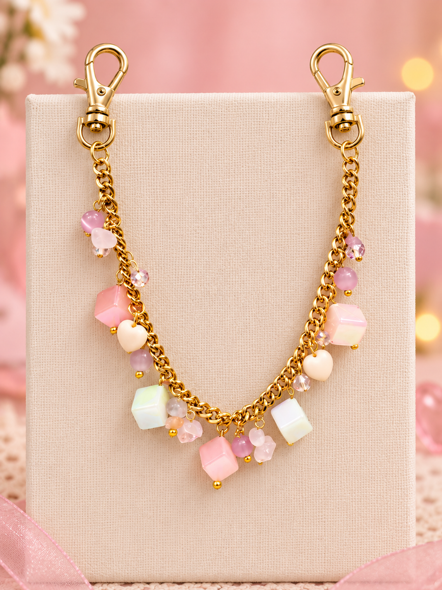 Candy Shop – Pastel Cube & Heart Gold Bag Chain