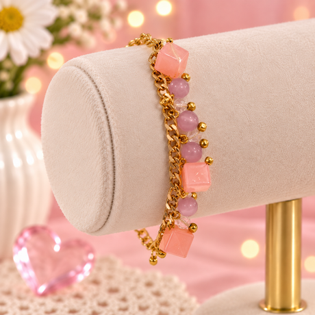 Sugar Cube – Pink & Lilac Beaded Gold Chain Bracelet