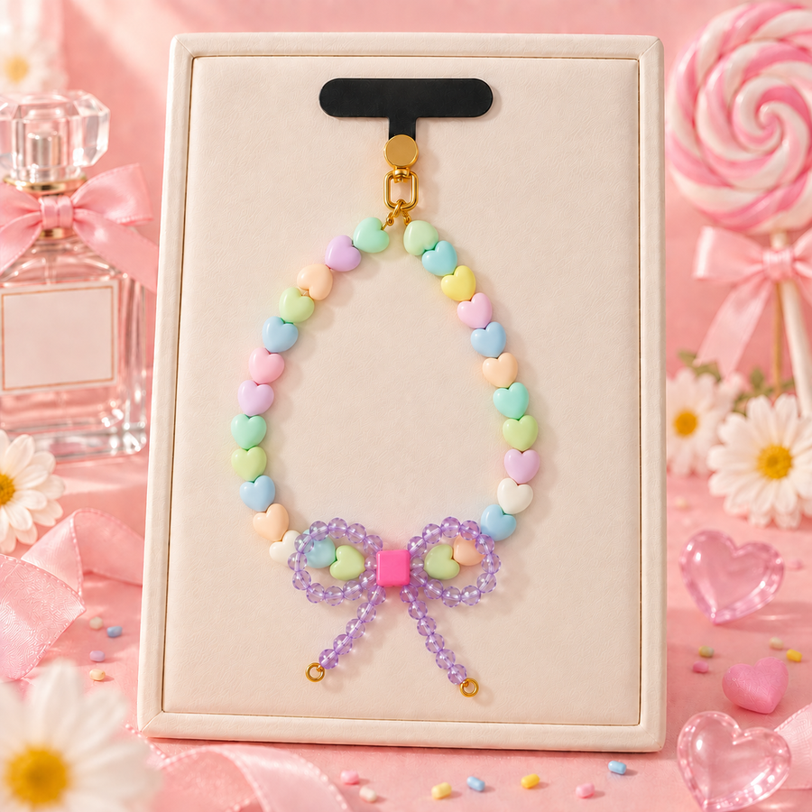 Sweetheart Bow – Pastel Heart Beaded Phone Charm
