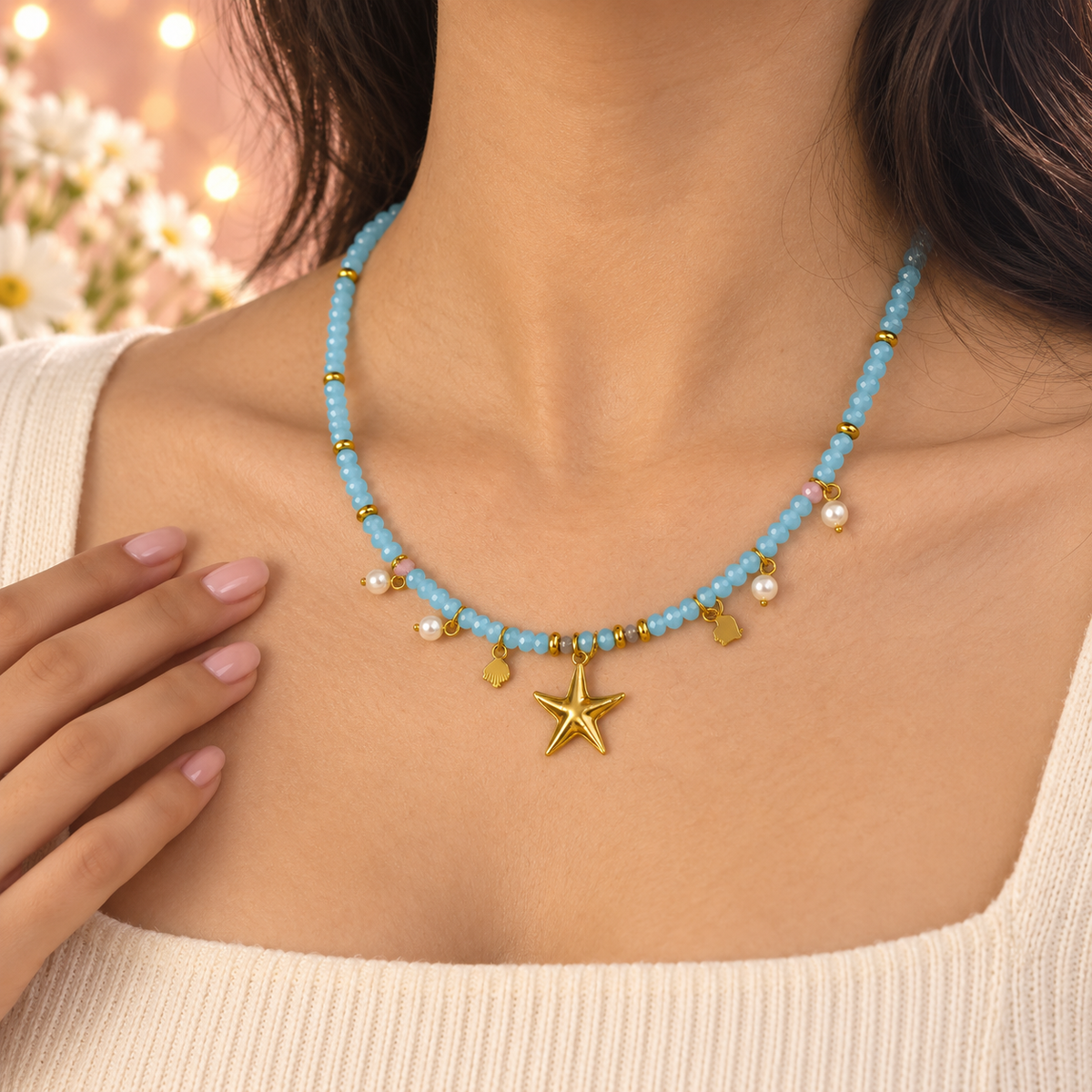 Starfish Szn – Aqua Beaded Starfish Charm Necklace