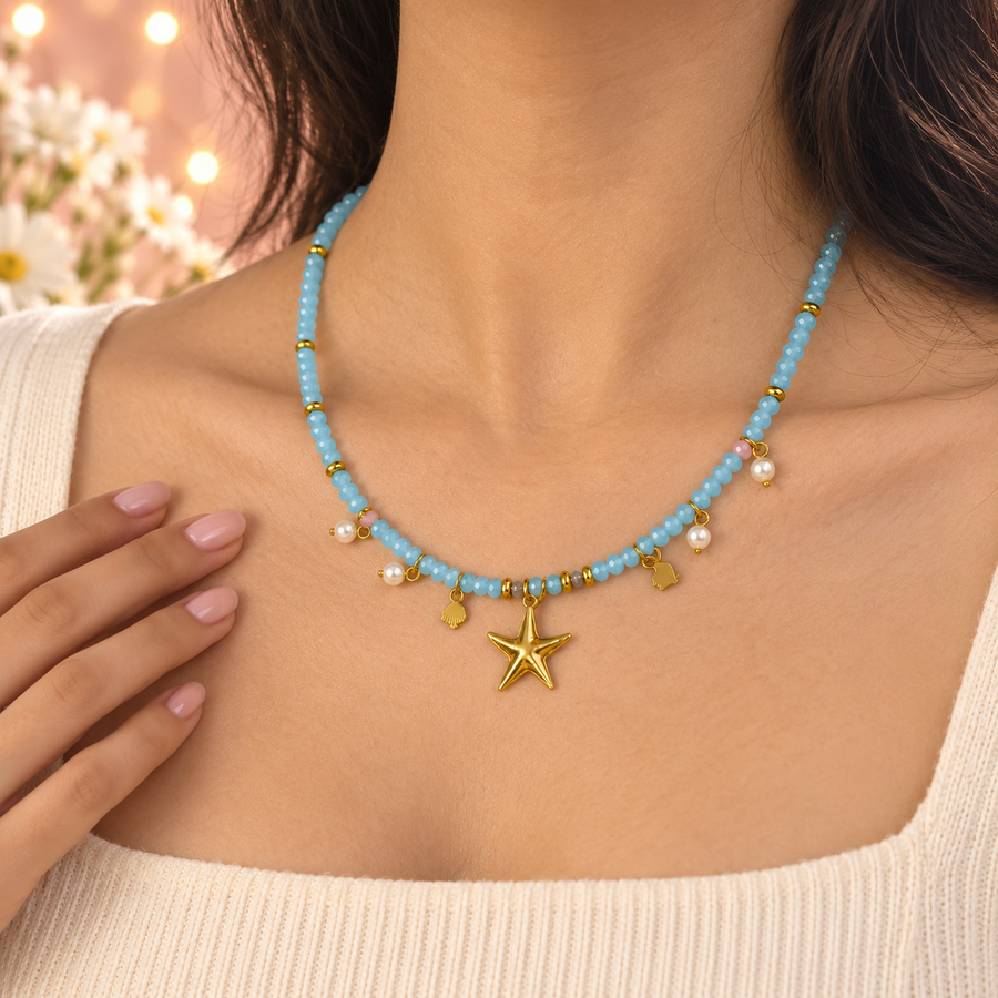 Starfish Szn – Aqua Beaded Starfish Charm Necklace