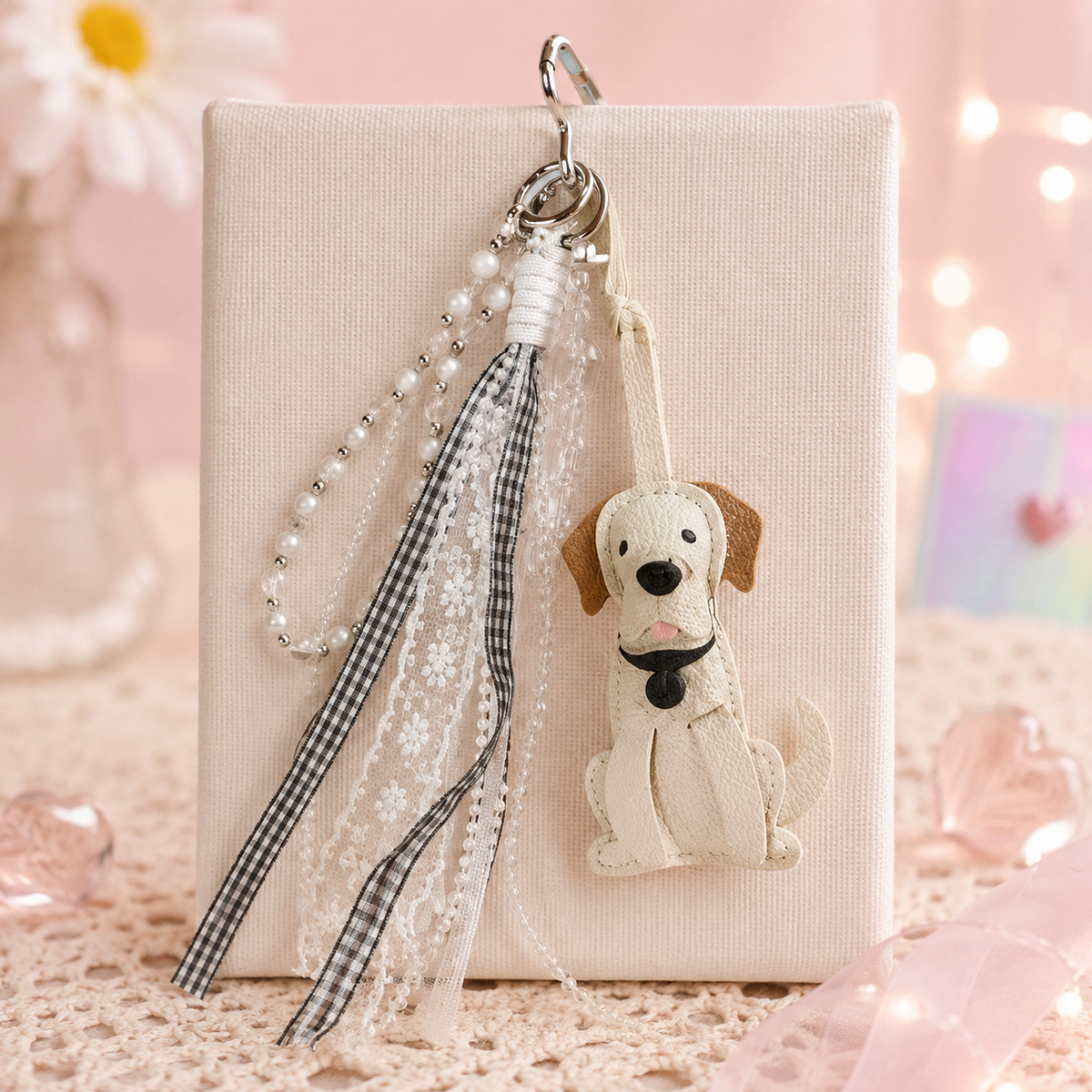 Cutesto cute dog bag charm with crystal beads and lace cords