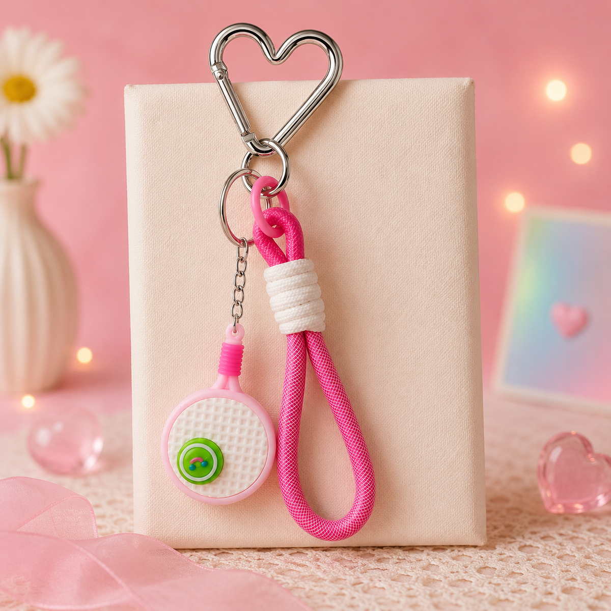 Cutesto pink badminton bag charm – cute sports racket keychain charm