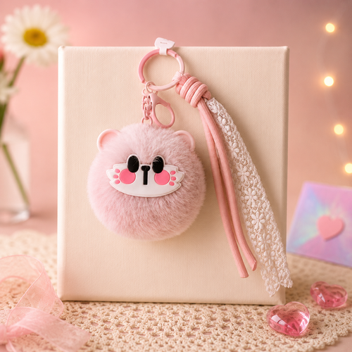 Plushy Pink Mirror Bag Charm – Cute Fluffy Charm with Mini Mirror
