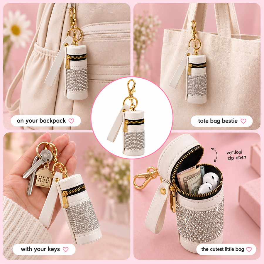 Rhinestone Cylinder Mini Pouch Keychain – Sparkly Zipper Bag Charm