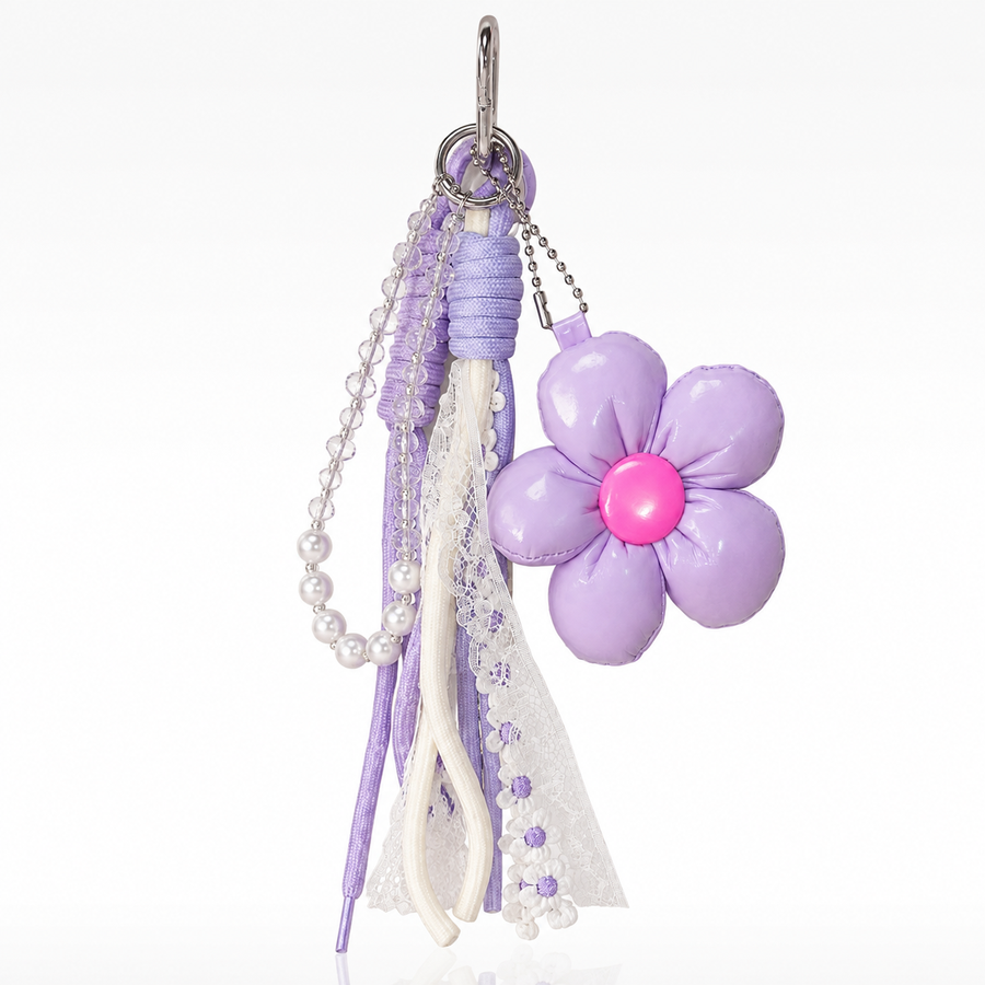 Plush lavender flower charm with pink lace-detailed cord – photo 2