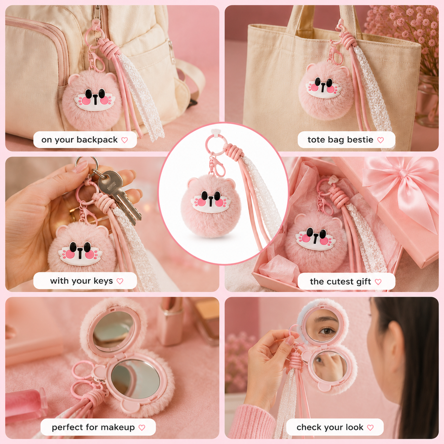 Fluffy bag charm with lace-detailed pink cord – photo 3