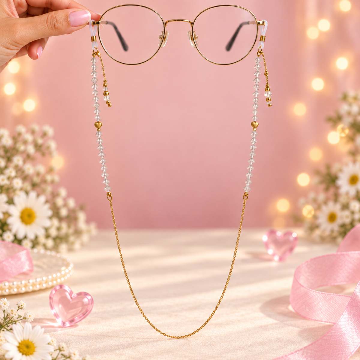 Crystal Crush – Clear Crystal & Gold Heart Sunglass Chain