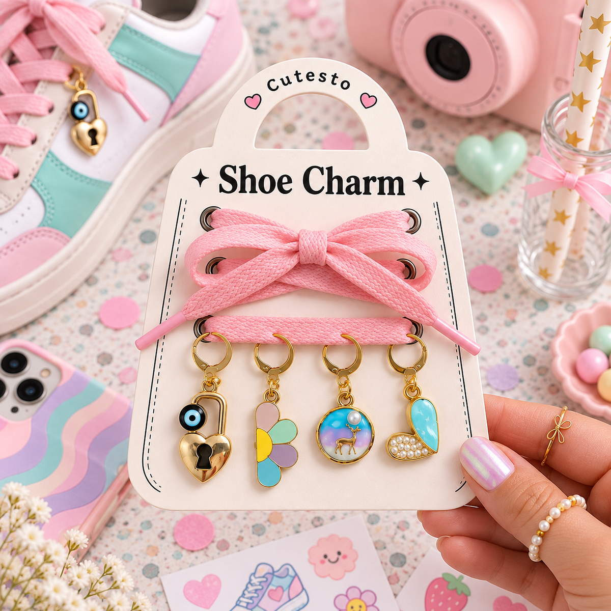 Lucky Girl Era – Evil Eye Heart Lock Shoe Charm Set of 4