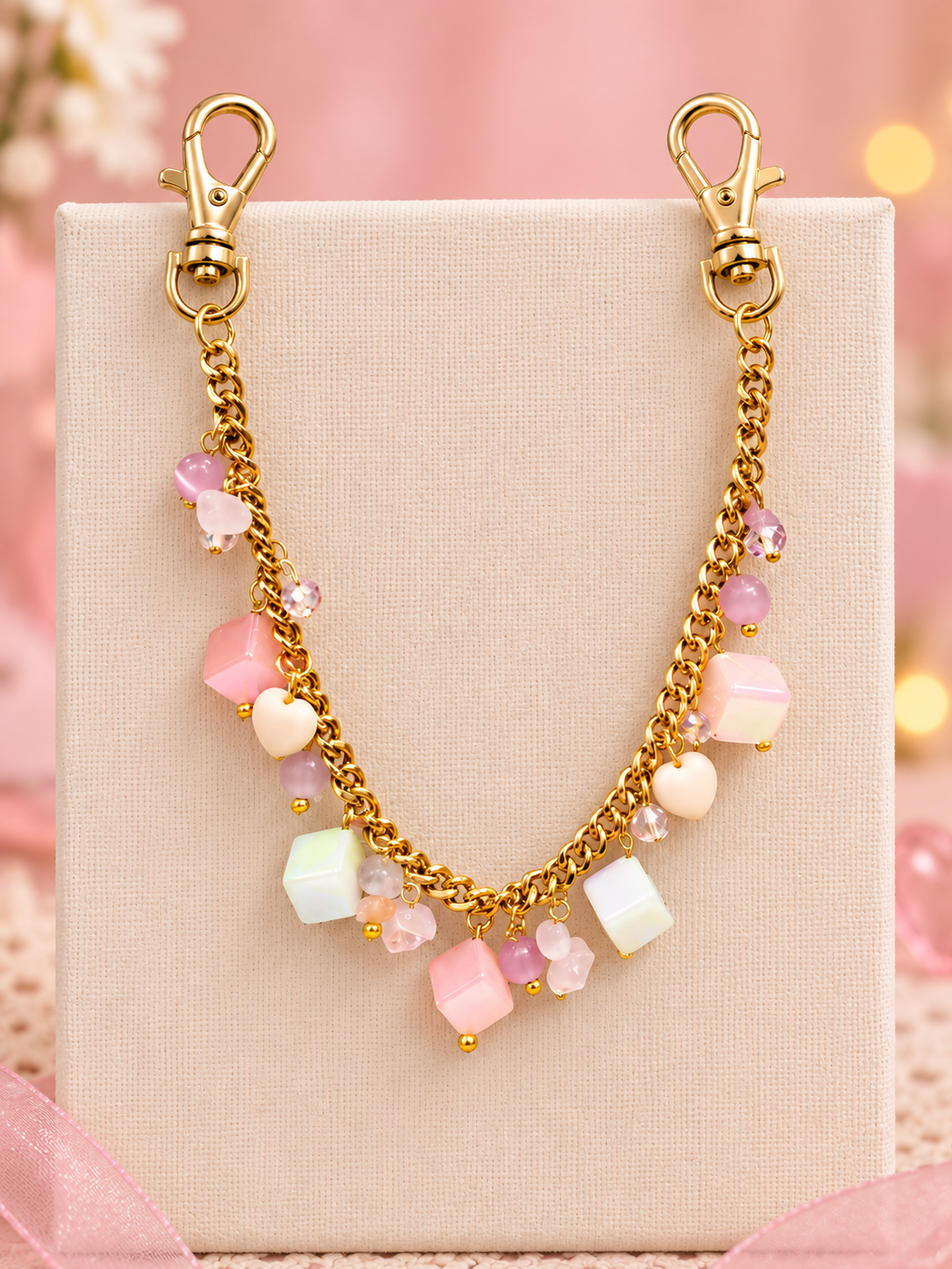 Candy Shop – Pastel Cube & Heart Gold Bag Chain