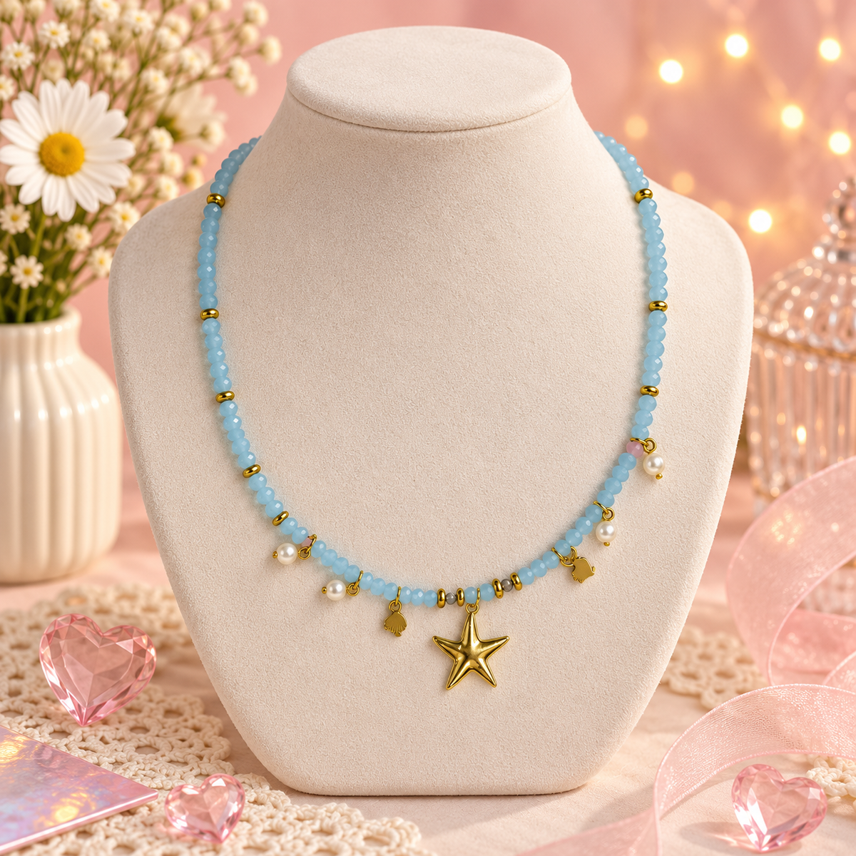 Starfish Szn – Aqua Beaded Starfish Charm Necklace