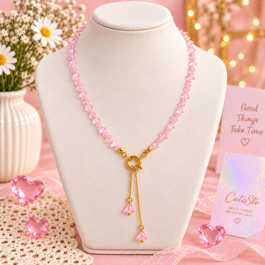 Pink Drip – Pink Crystal Beaded Lariat Necklace