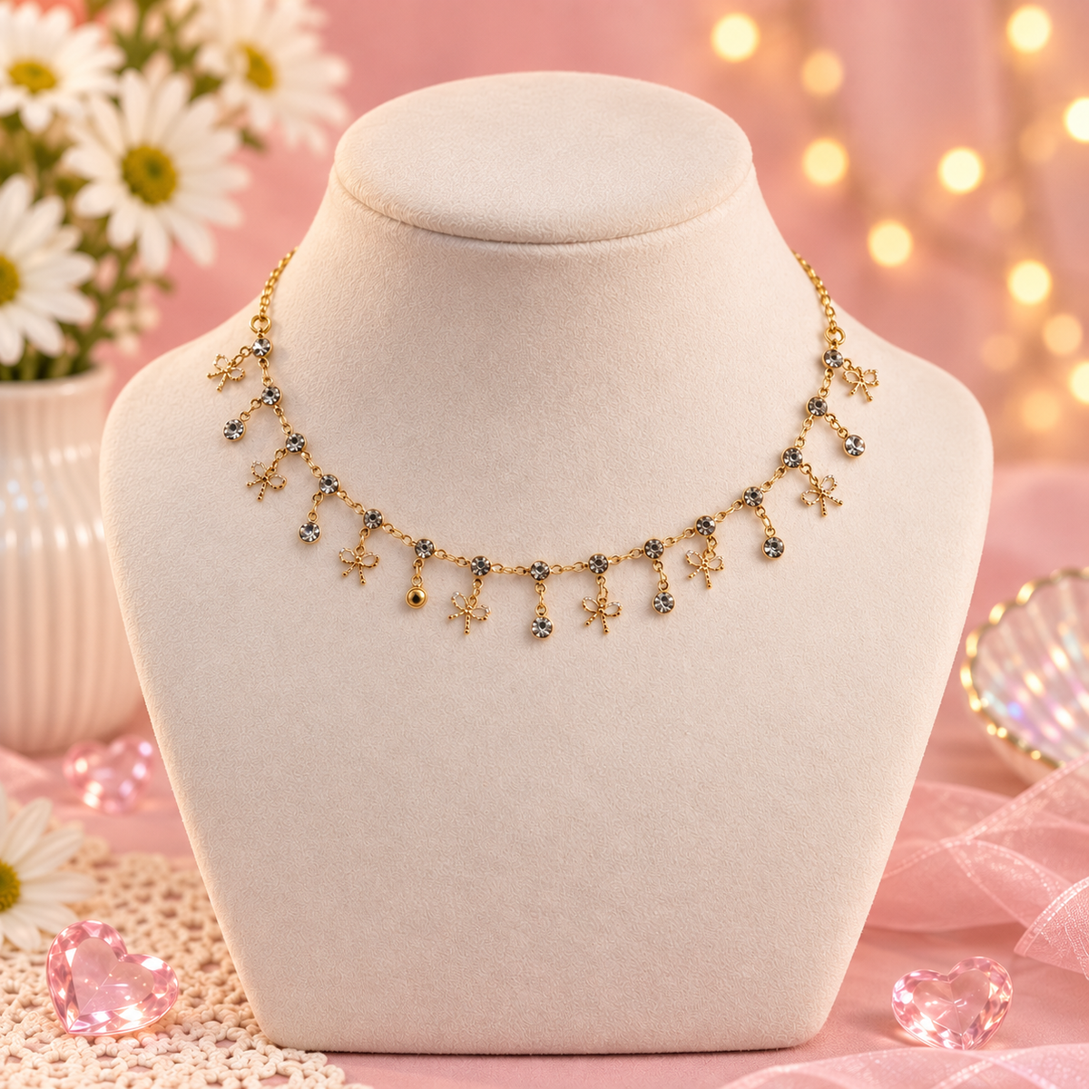 Put a Bow On It – Gold Bow & Crystal Drop Necklace