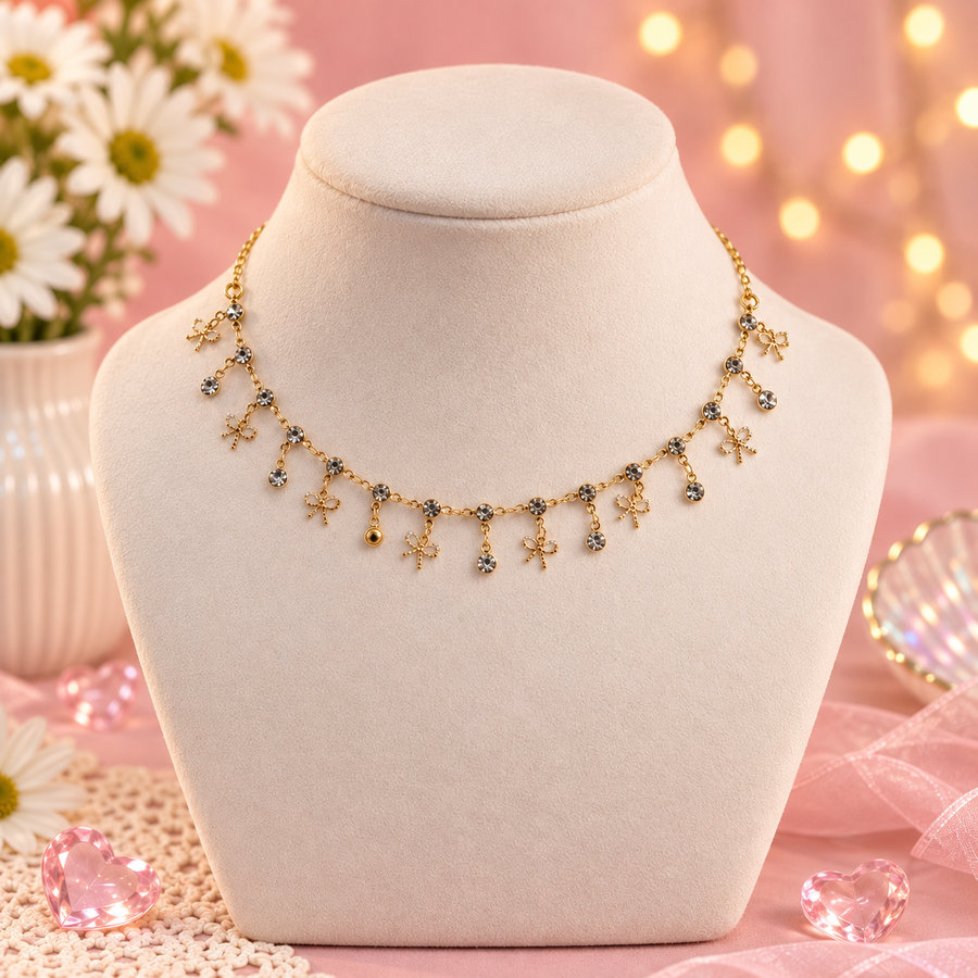 Put a Bow On It – Gold Bow & Crystal Drop Necklace