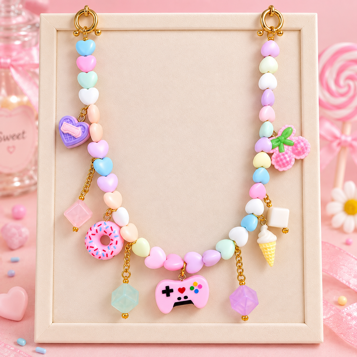 Snack Attack – Pastel Heart Bead Kawaii Charm Bag Chain