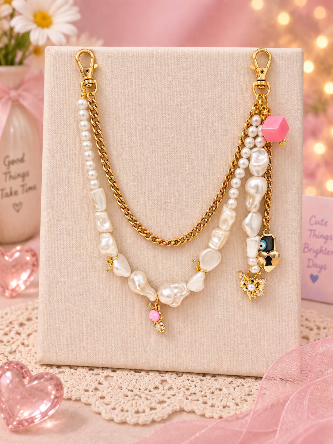 Pearlcore – Layered Pearl & Gold Chain Bag Charm