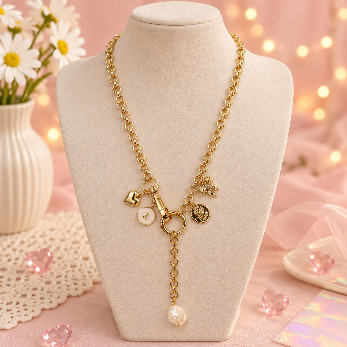 Main Character – Chunky Gold Charm Necklace with Pearl