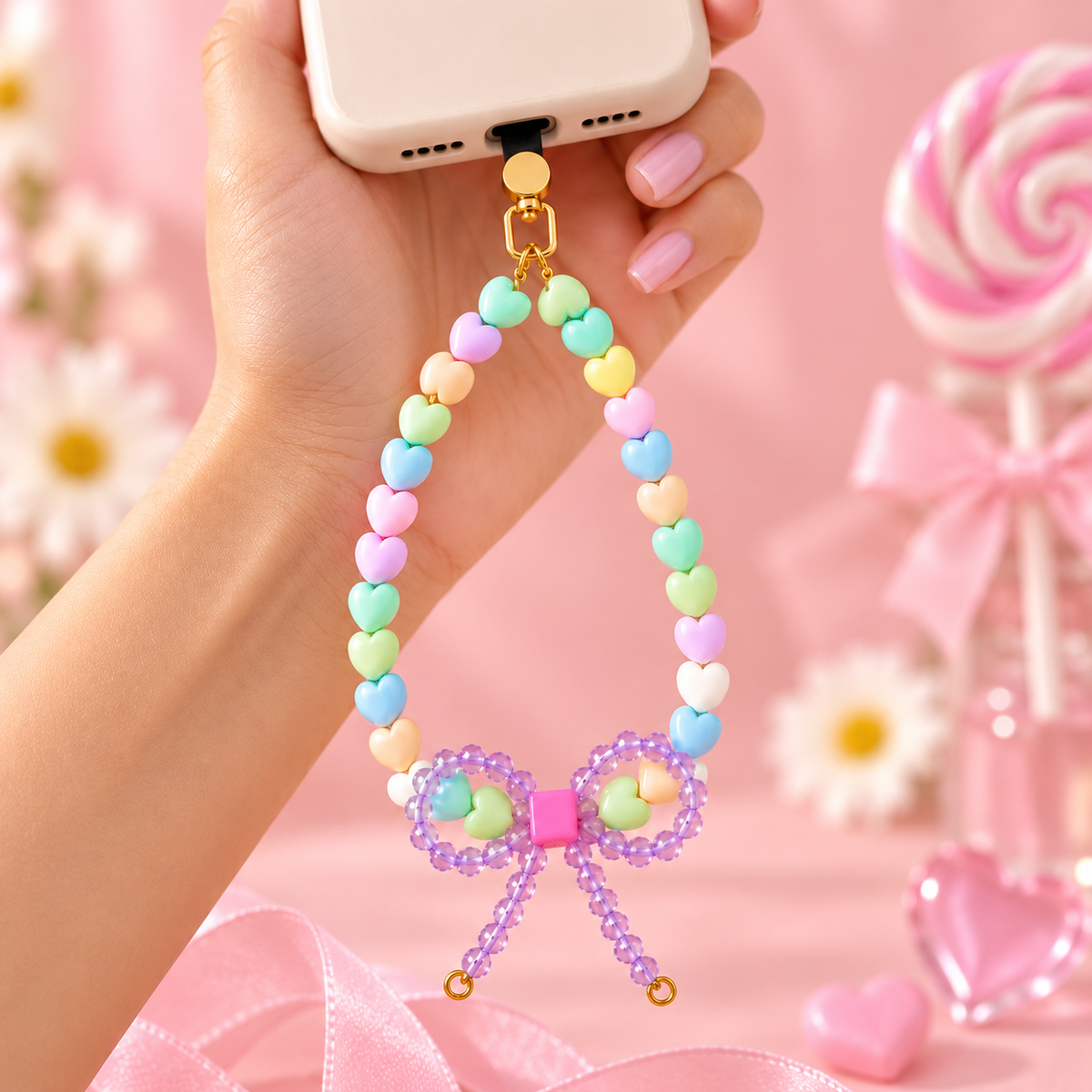 Sweetheart Bow – Pastel Heart Beaded Phone Charm