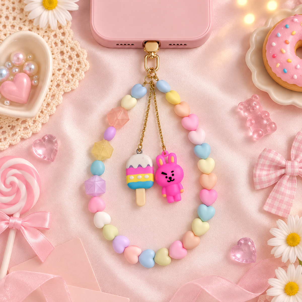 Sweet Tooth – Pastel Heart Phone Charm with Popsicle & Bunny