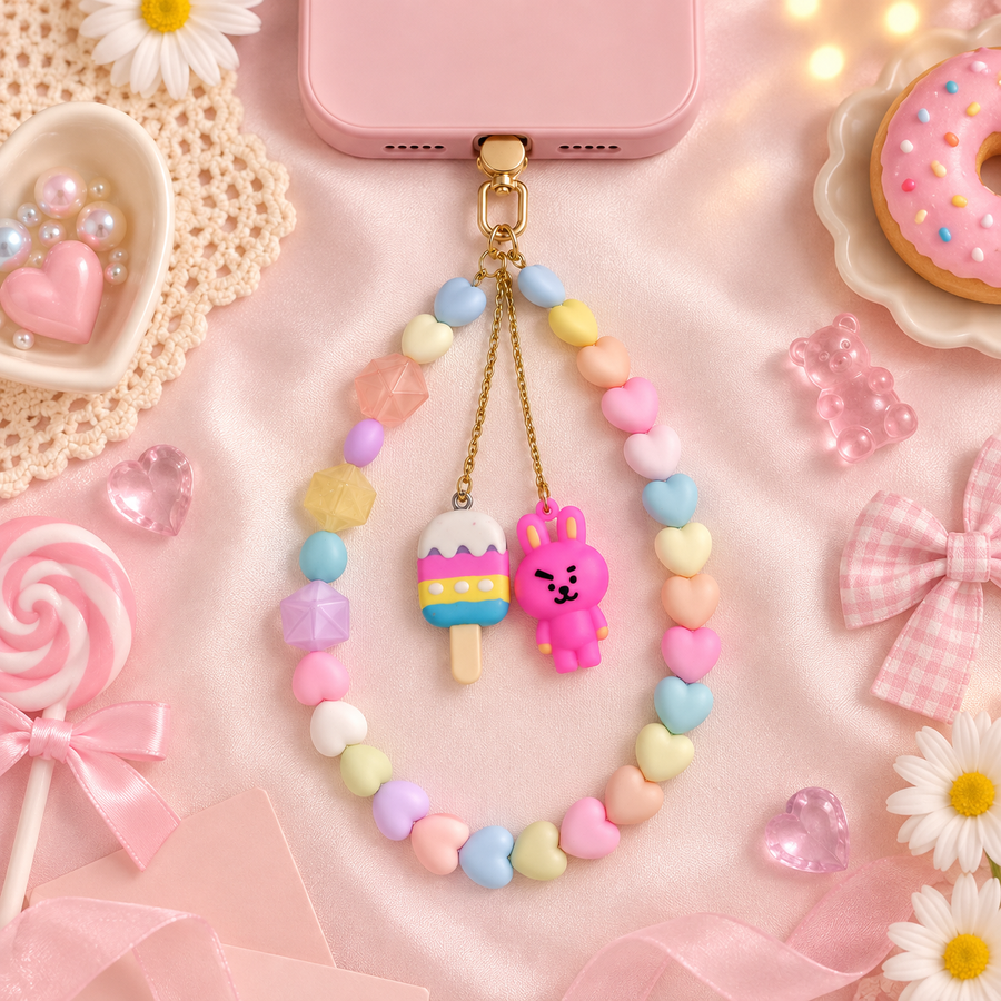 Sweet Tooth – Pastel Heart Phone Charm with Popsicle & Bunny
