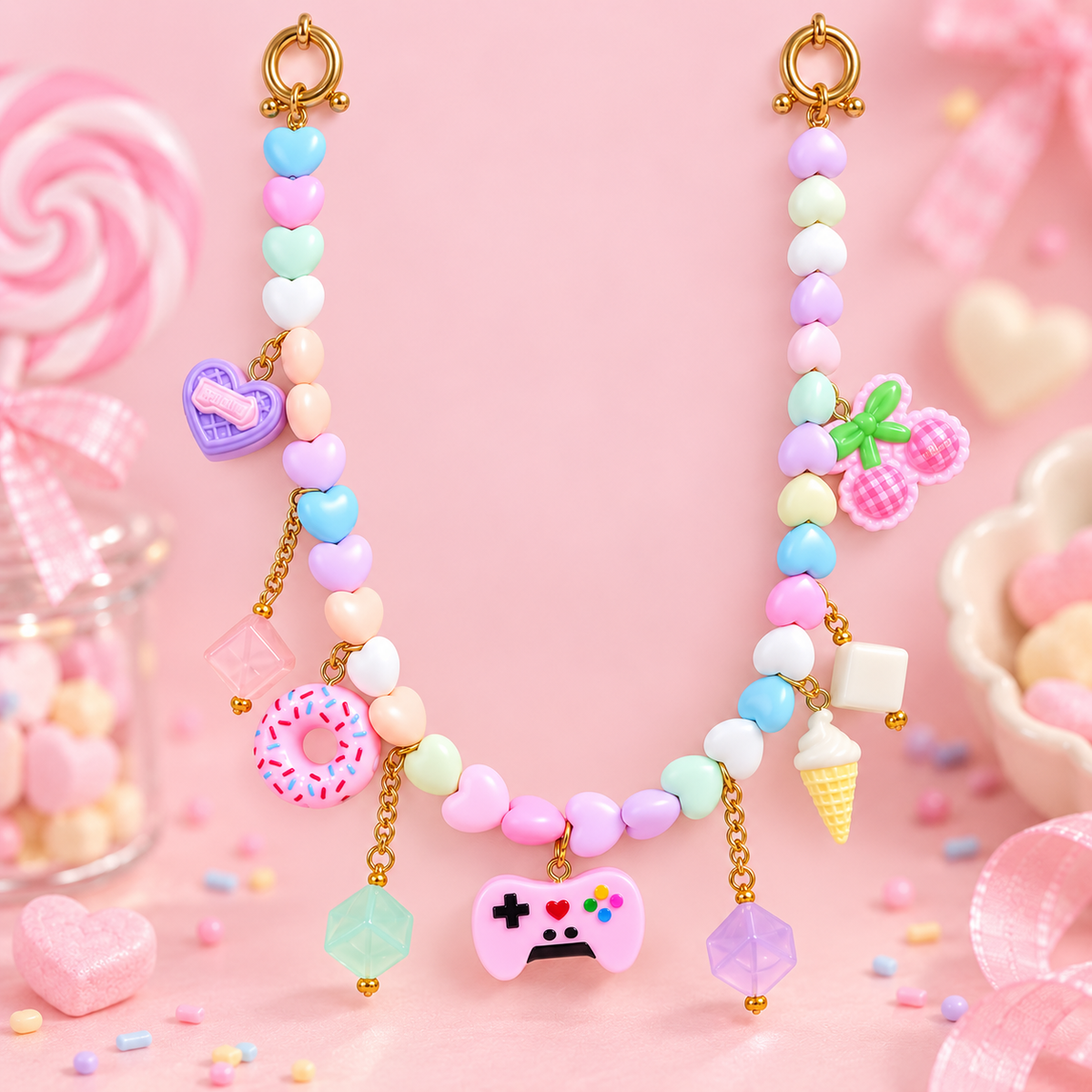 Snack Attack – Pastel Heart Bead Kawaii Charm Bag Chain