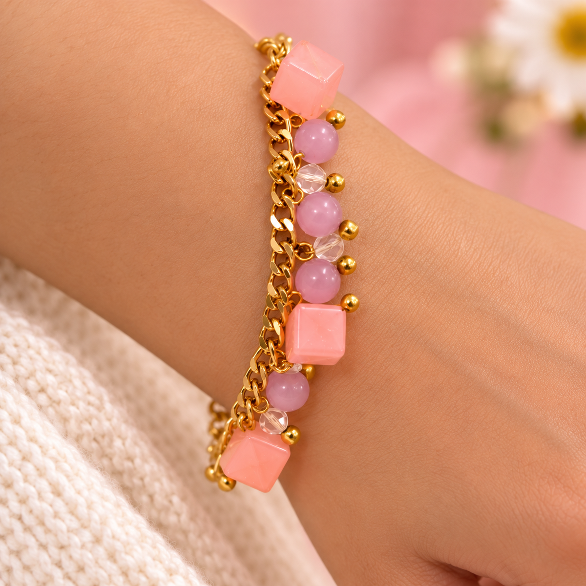 Sugar Cube – Pink & Lilac Beaded Gold Chain Bracelet