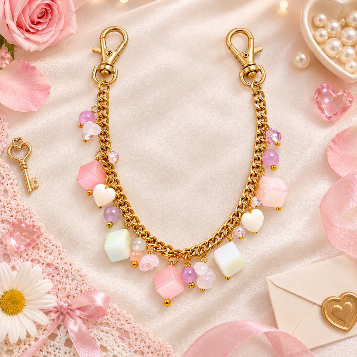 Candy Shop – Pastel Cube & Heart Gold Bag Chain