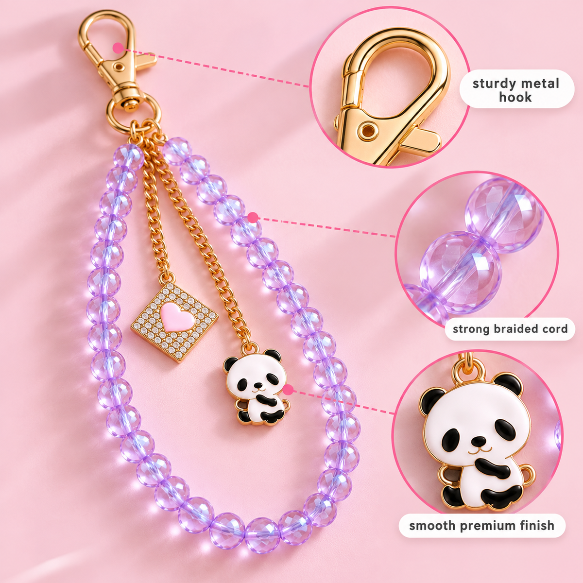 Panda Pookie – Lilac Beaded Bag Charm Keychain