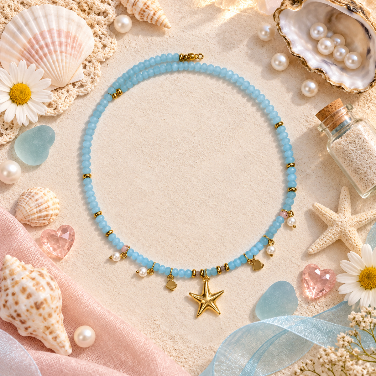 Starfish Szn – Aqua Beaded Starfish Charm Necklace