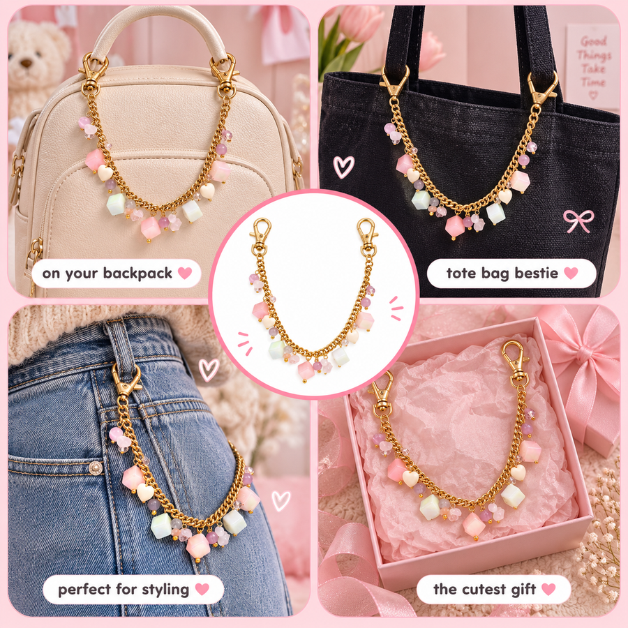 Candy Shop – Pastel Cube & Heart Gold Bag Chain