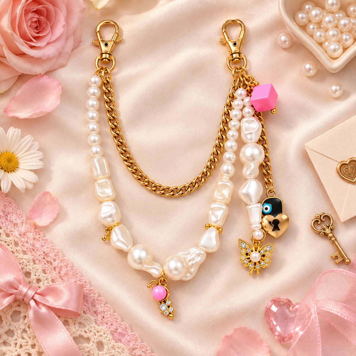 Pearlcore – Layered Pearl & Gold Chain Bag Charm