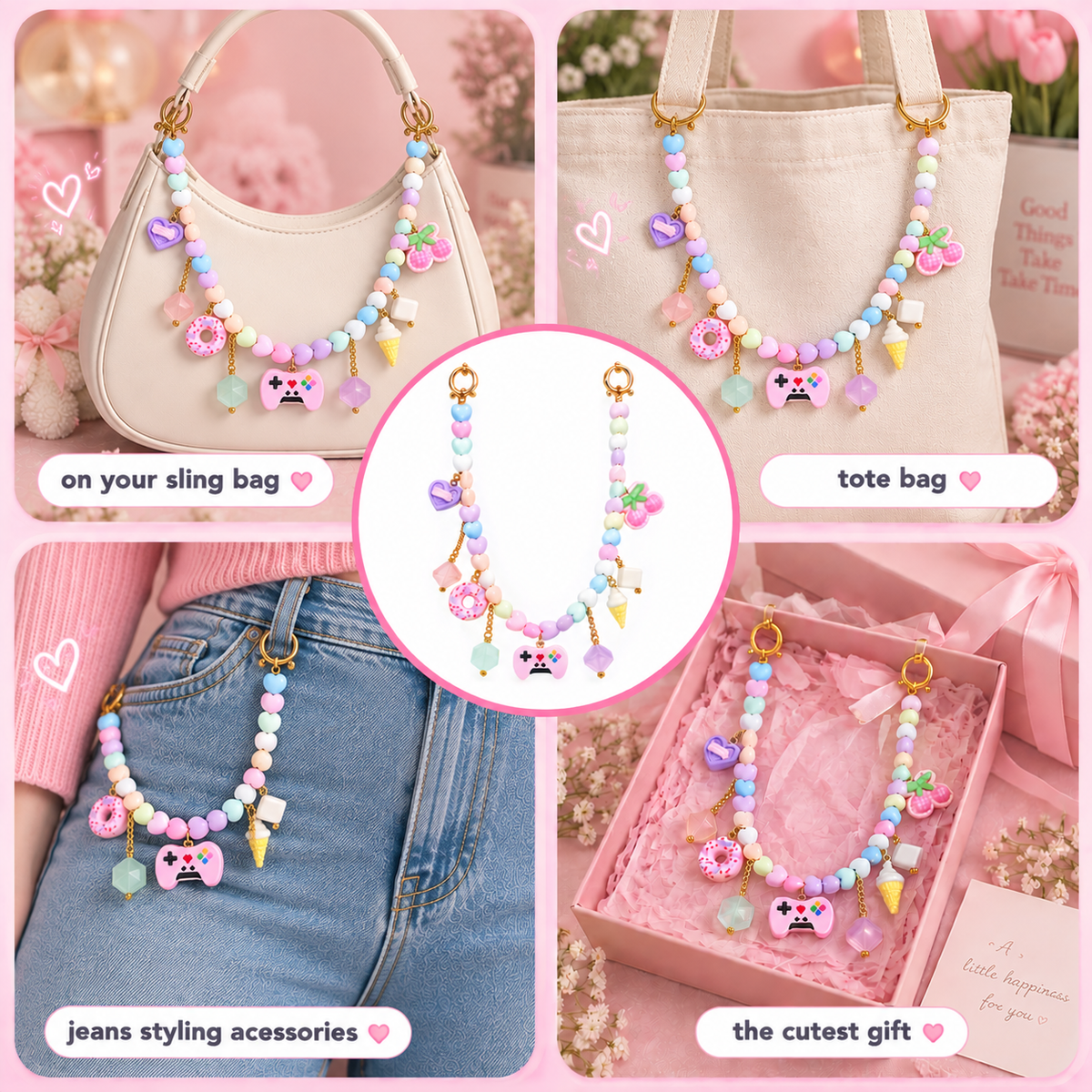 Snack Attack – Pastel Heart Bead Kawaii Charm Bag Chain