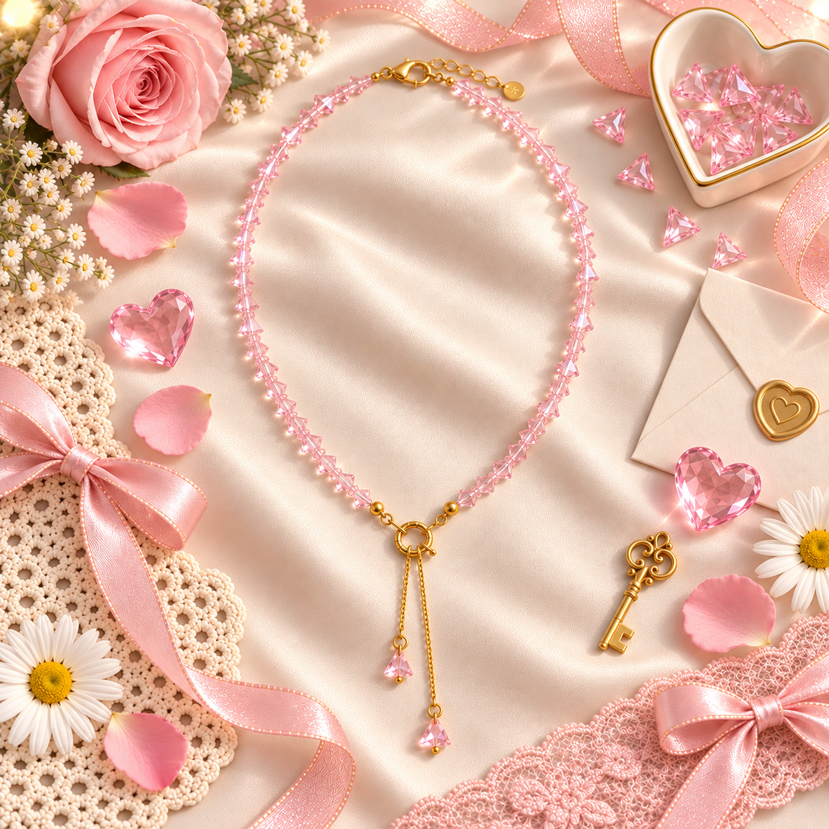 Pink Drip – Pink Crystal Beaded Lariat Necklace