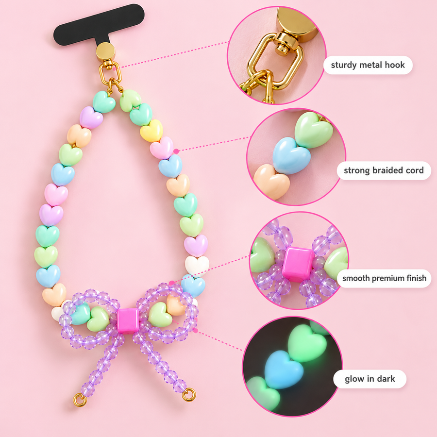 Sweetheart Bow – Pastel Heart Beaded Phone Charm