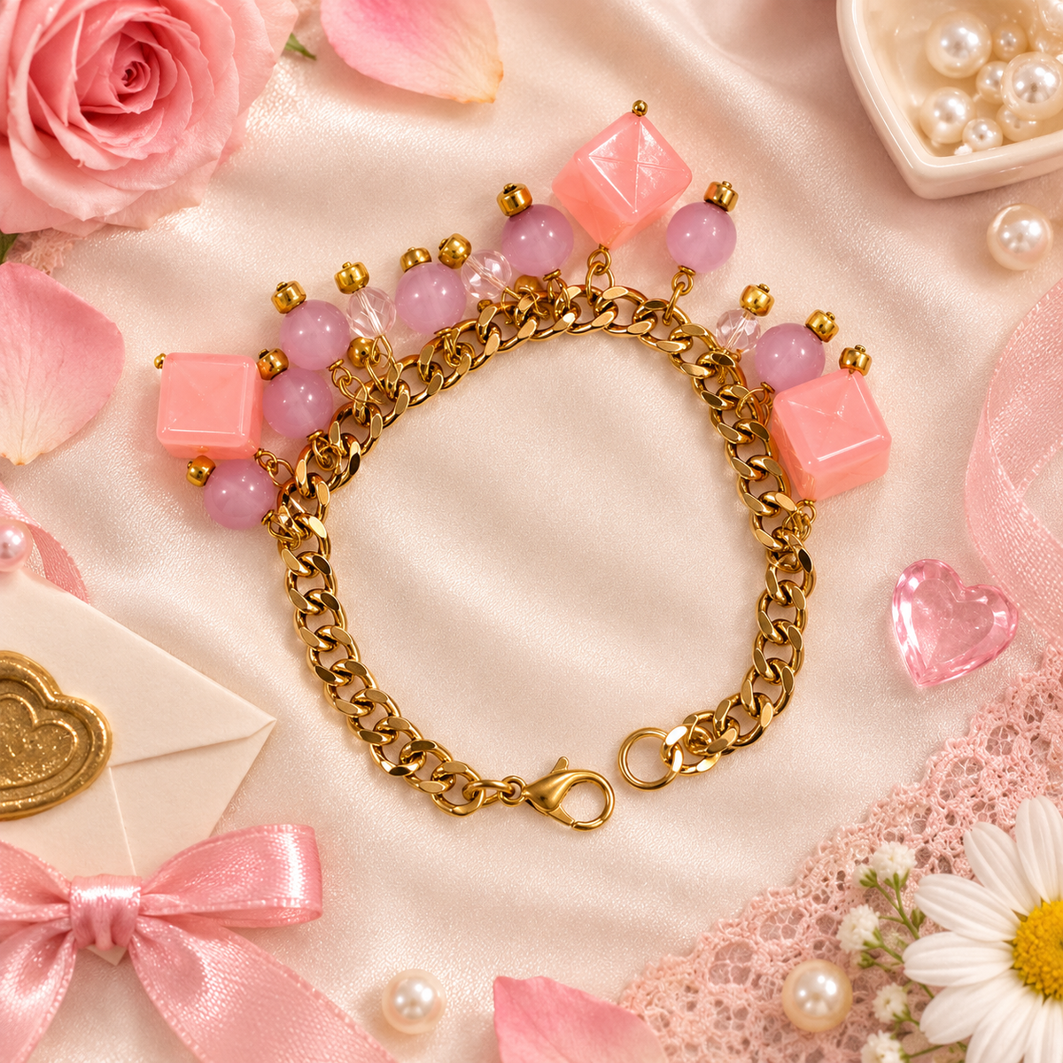 Sugar Cube – Pink & Lilac Beaded Gold Chain Bracelet