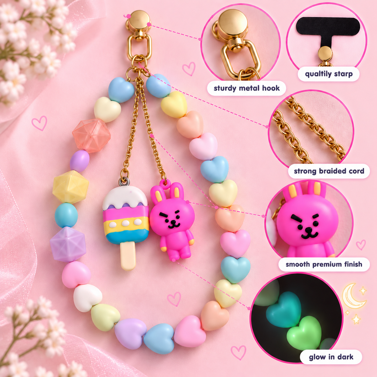Sweet Tooth – Pastel Heart Phone Charm with Popsicle & Bunny