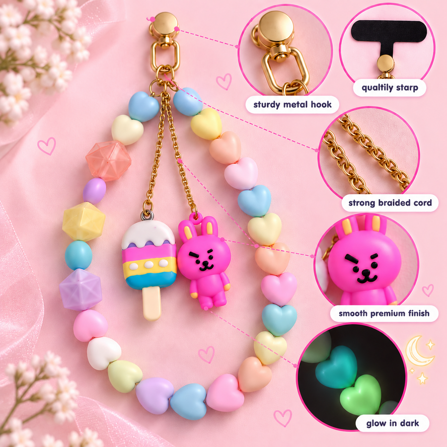 Sweet Tooth – Pastel Heart Phone Charm with Popsicle & Bunny