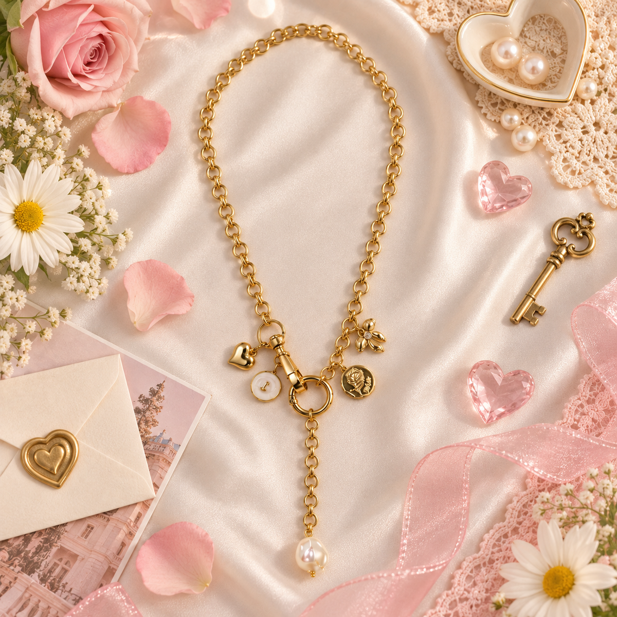 Main Character – Chunky Gold Charm Necklace with Pearl