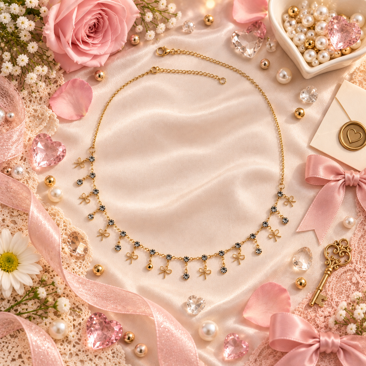 Put a Bow On It – Gold Bow & Crystal Drop Necklace