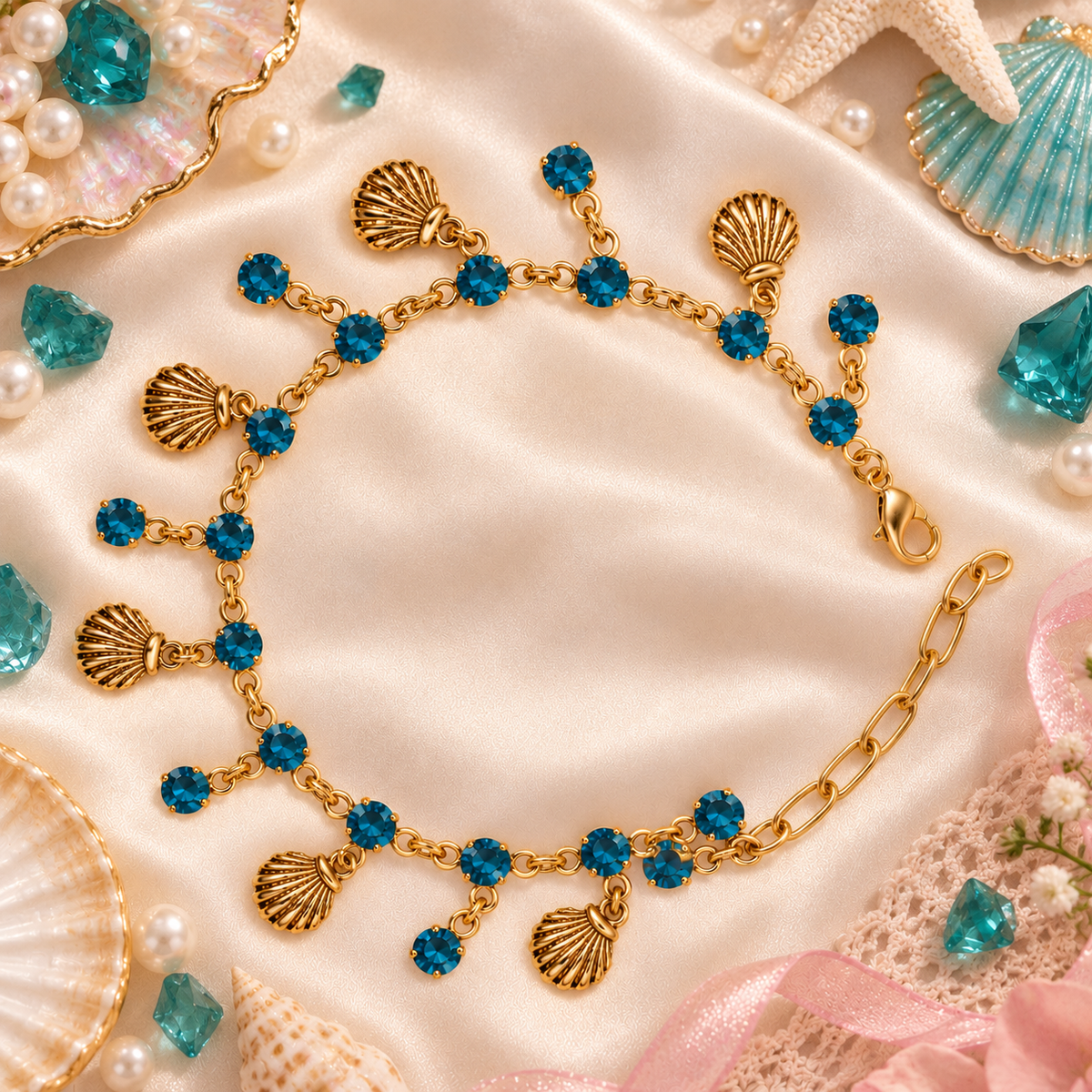 Ocean Girl Era – Blue Crystal Seashell Charm Bracelet