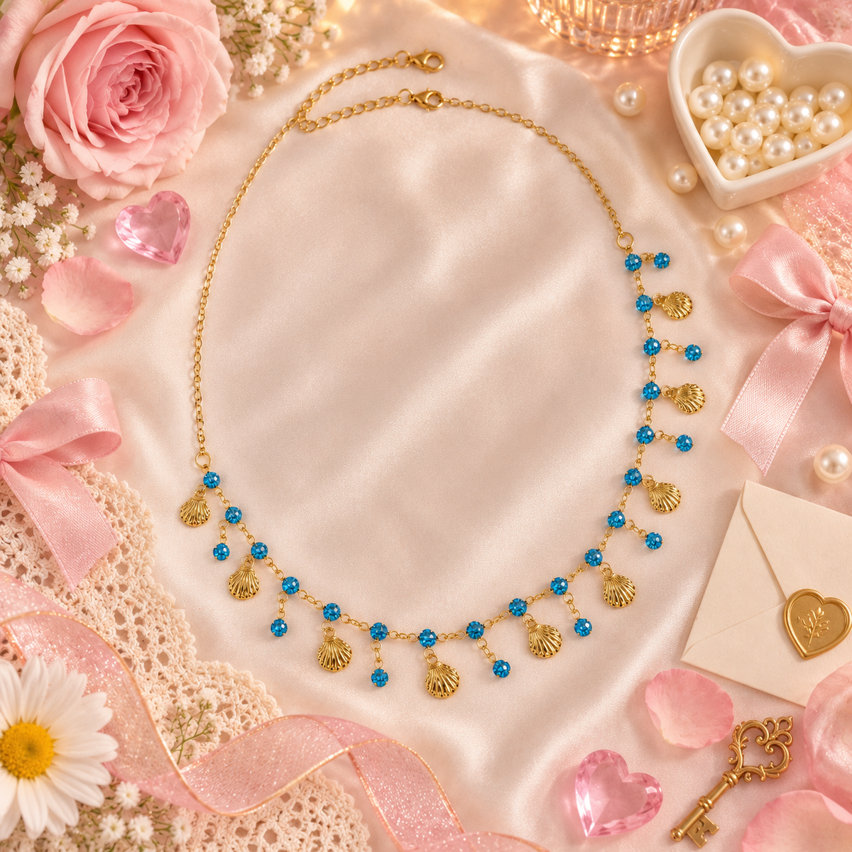 Ocean Girl Era – Blue Crystal Seashell Charm Necklace
