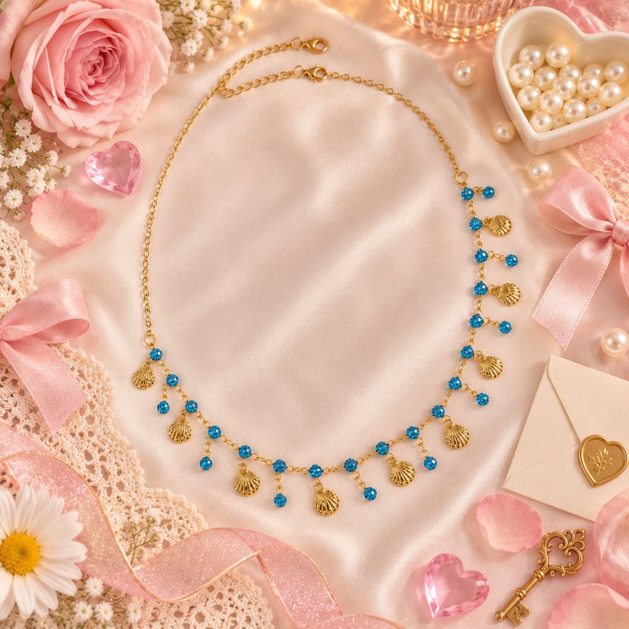 Ocean Girl Era – Blue Crystal Seashell Charm Necklace