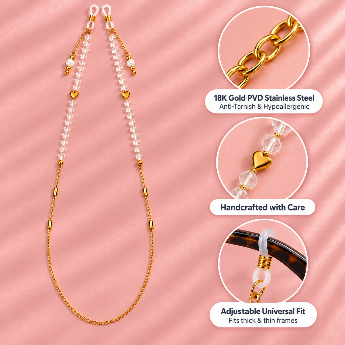 Crystal Crush – Clear Crystal & Gold Heart Sunglass Chain