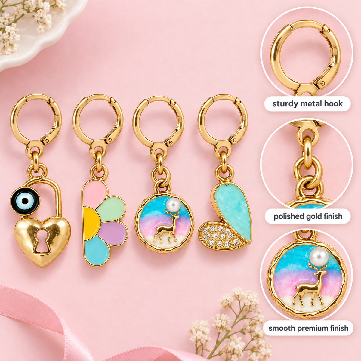 Lucky Girl Era – Evil Eye Heart Lock Shoe Charm Set of 4