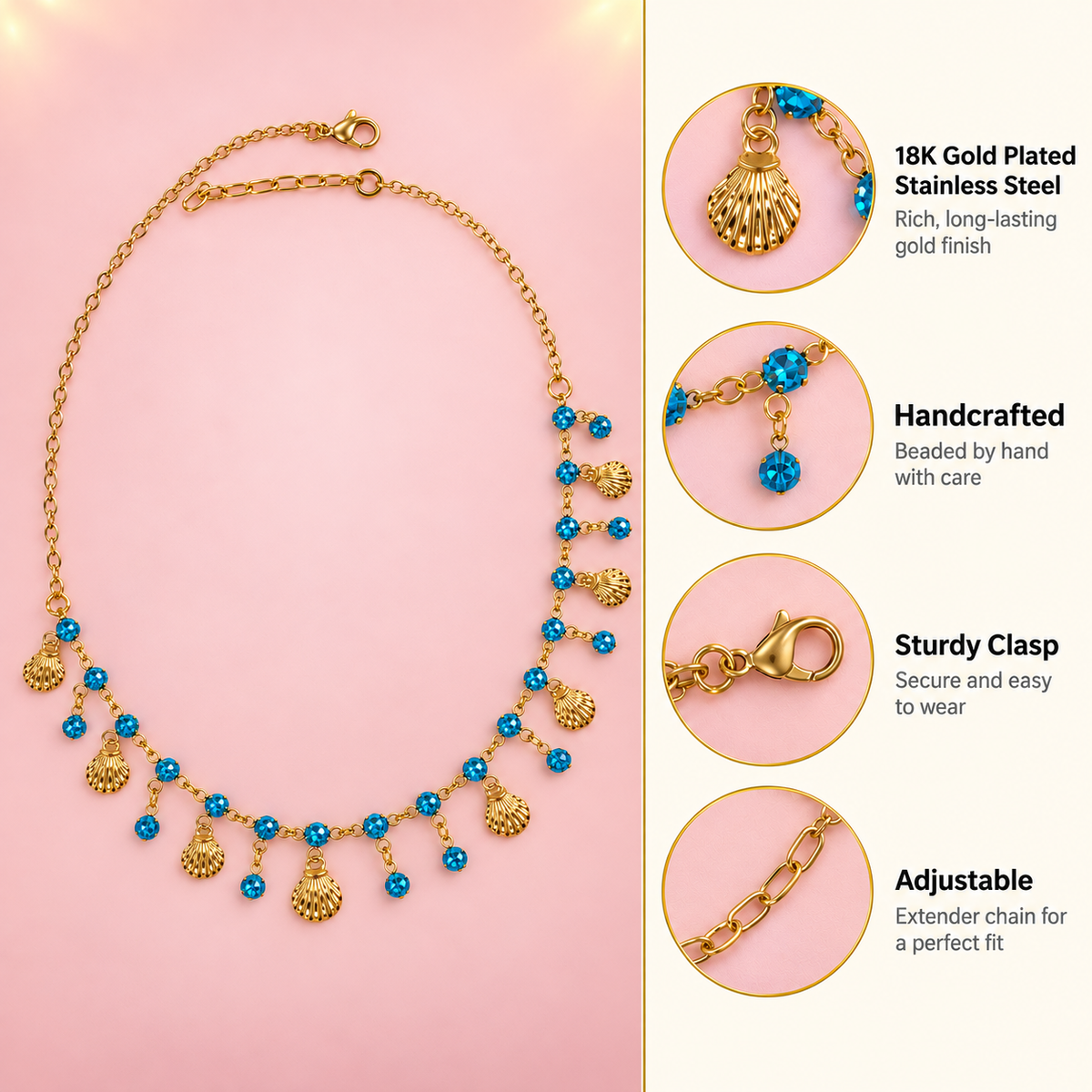 Ocean Girl Era – Blue Crystal Seashell Charm Necklace