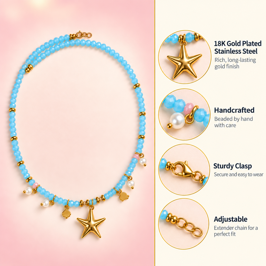 Starfish Szn – Aqua Beaded Starfish Charm Necklace