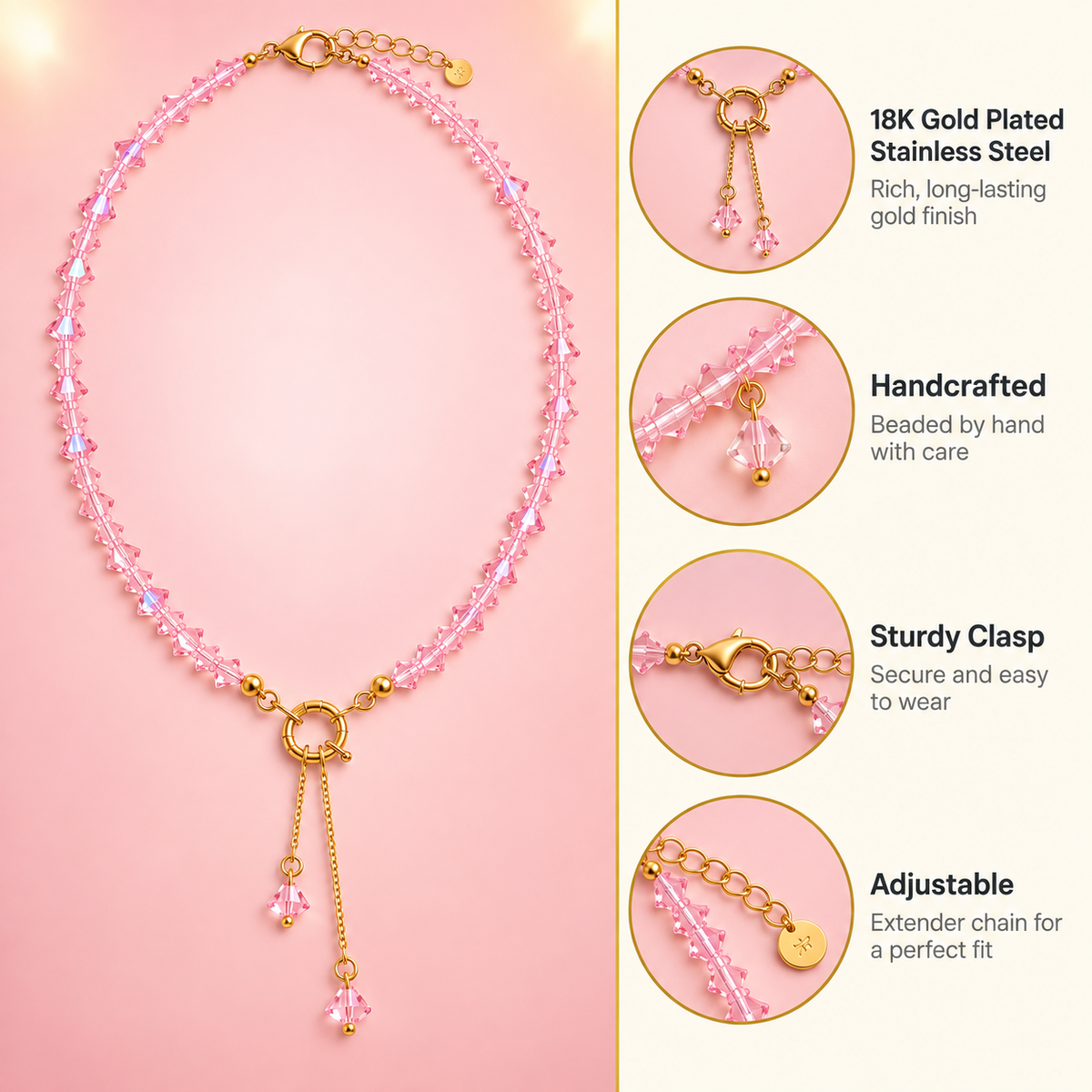 Pink Drip – Pink Crystal Beaded Lariat Necklace