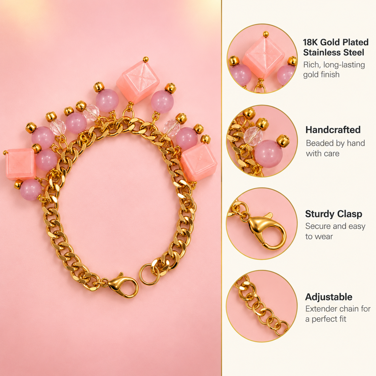 Sugar Cube – Pink & Lilac Beaded Gold Chain Bracelet