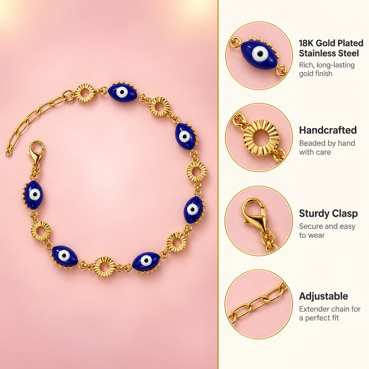 Side Eye – Navy Evil Eye Gold Bracelet