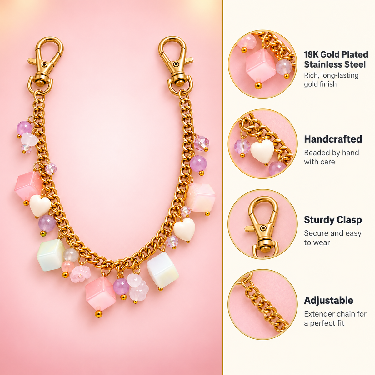 Candy Shop – Pastel Cube & Heart Gold Bag Chain